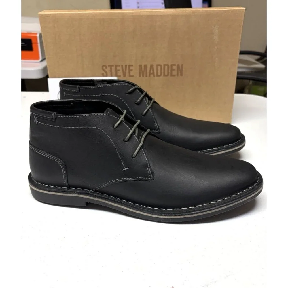 Steve Madden Harken Chukka Ankle Boots Black Leat Smooth Leather Size 9 NIB